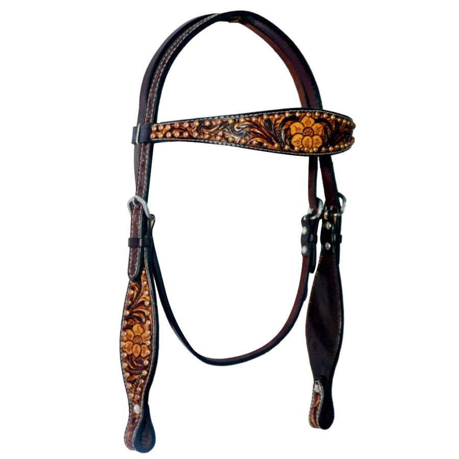 Leather headstall with tooled floral design - Bar H Equine