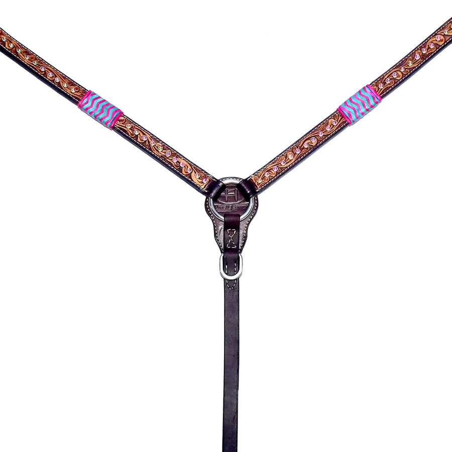 Brown leather breast collar with tooling and purple accents - Uhorse