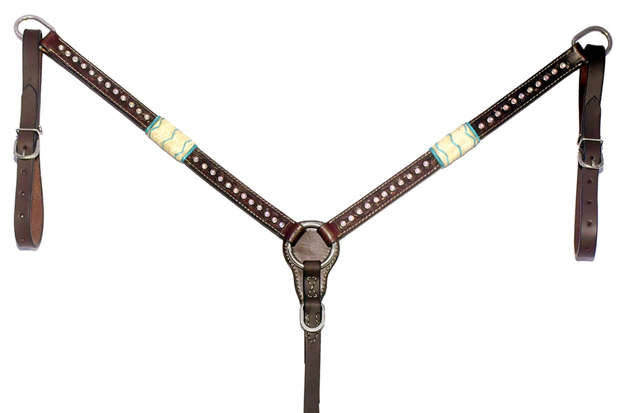 Bar H Equine Western Horse Genuine Leather Floral Design Beaded Breast Collar Dark Brown