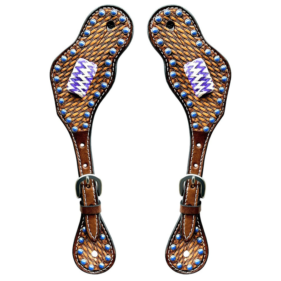 Leather spur straps with blue studs and purple diamond pattern - Uhorse
