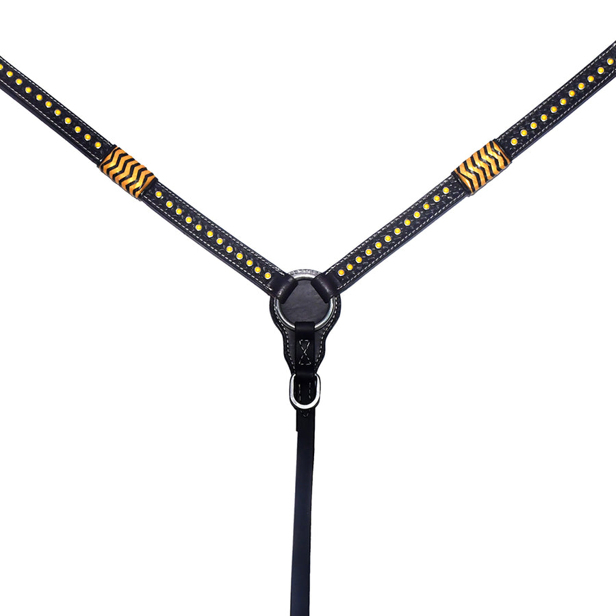 Black leather breast collar with gold studding and gold wave detail - Uhorse