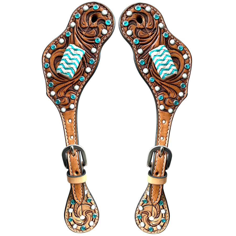 Leather spur straps with turquoise and silver conchos - Uhorse