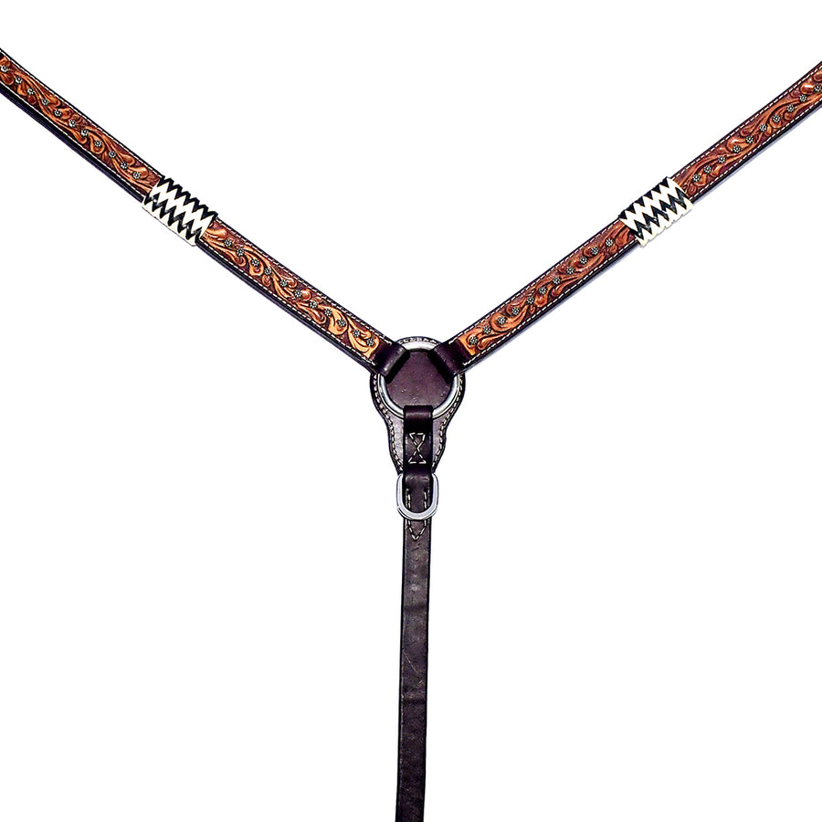 Brown leather tooled breast collar with silver hardware - Uhorse