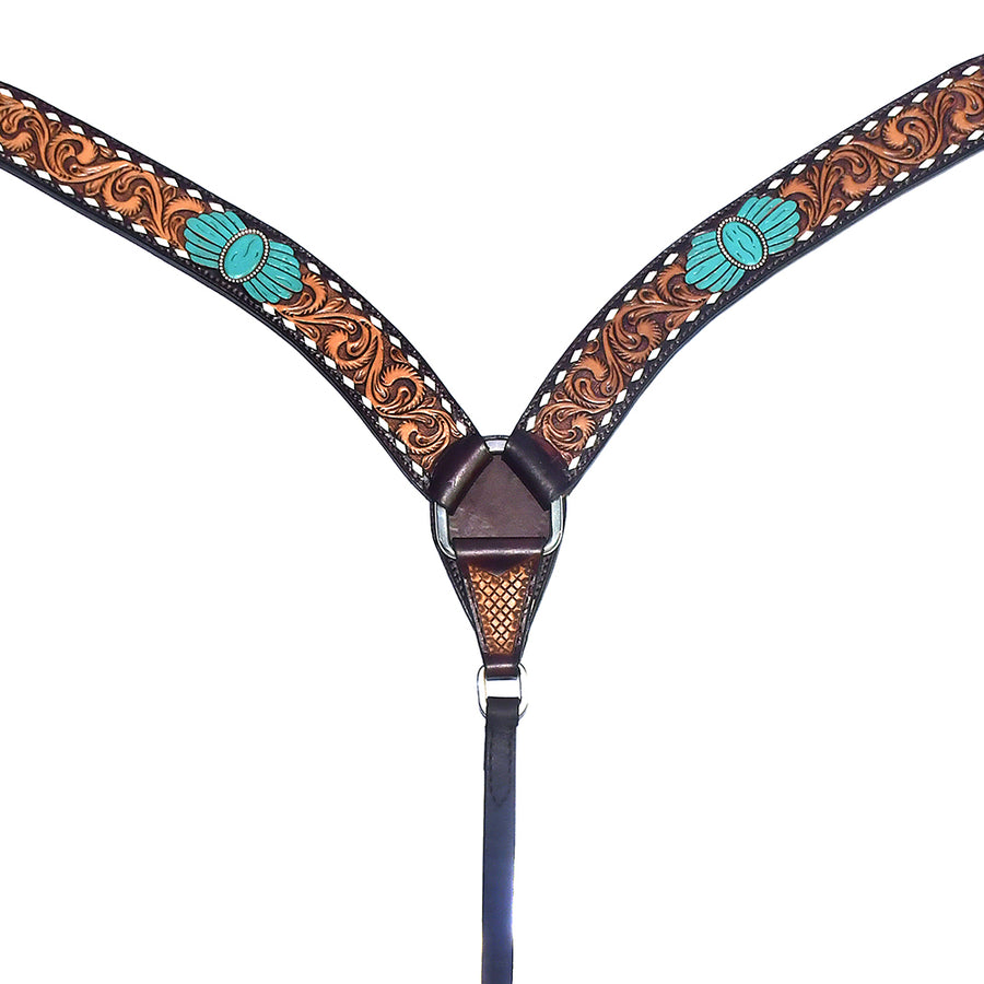 Leather breast collar with tooled design and turquoise conchos - Uhorse