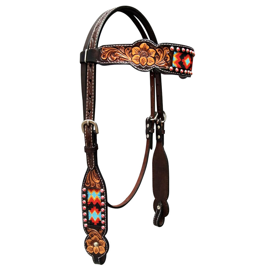 Brown leather headstall with beaded inlay and tooled details - Uhorse