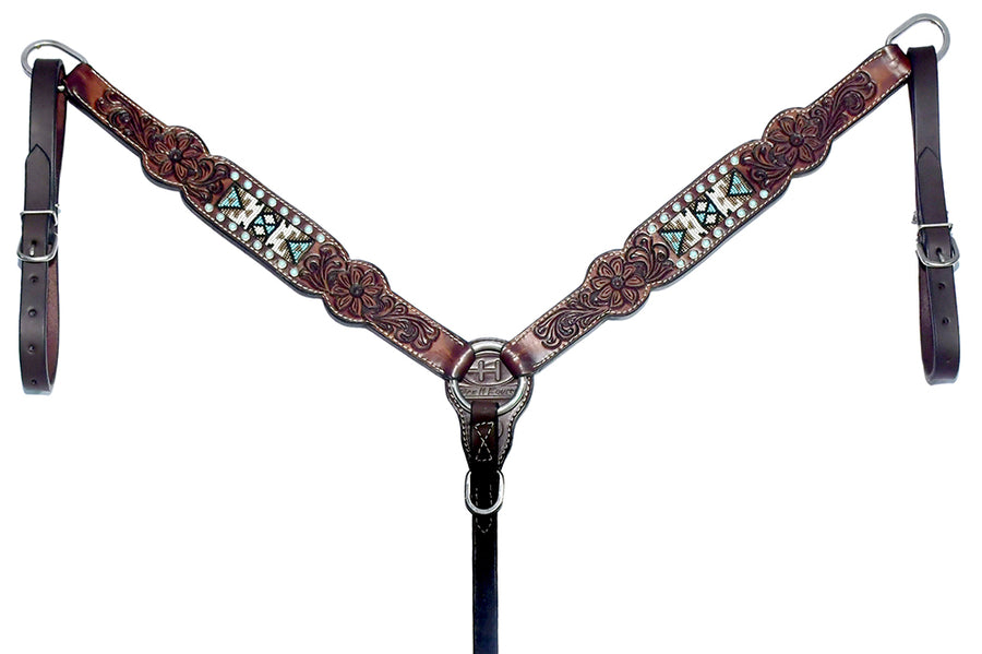 Bar H Equine Genuine Western American Leather Horse Premium Headstall & Breast Collar Set