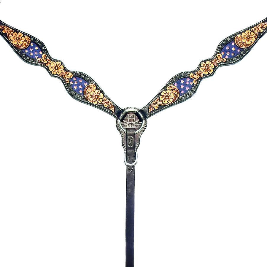 Black leather western breast collar with gold tooling and blue stone details - Uhorse