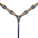 Black leather western breast collar with gold tooling and blue stone details - Uhorse