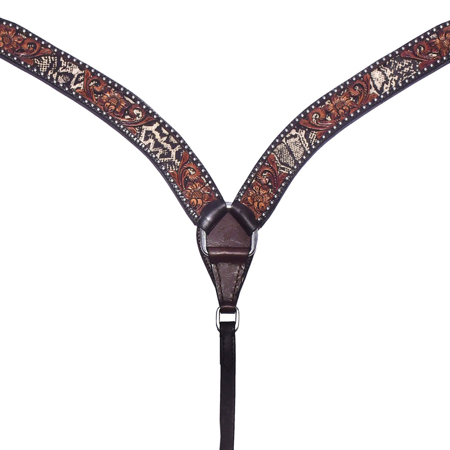 Brown leather western breast collar with tooled design - Uhorse