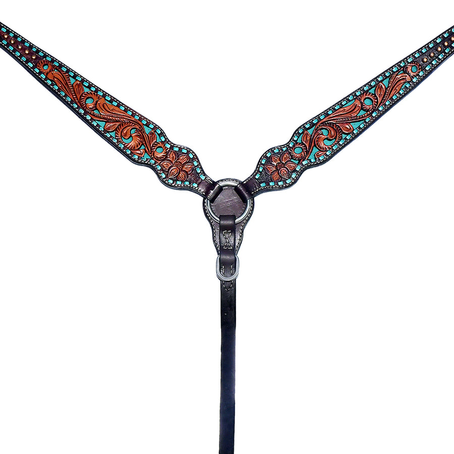 Leather breast collar with tooled turquoise and orange design - Uhorse