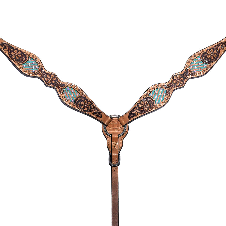Leather breast collar with tooled and turquoise inlay detail - Uhorse