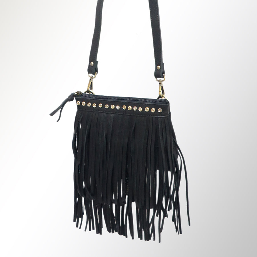 Black suede fringe crossbody bag with studded trim - Uhorse