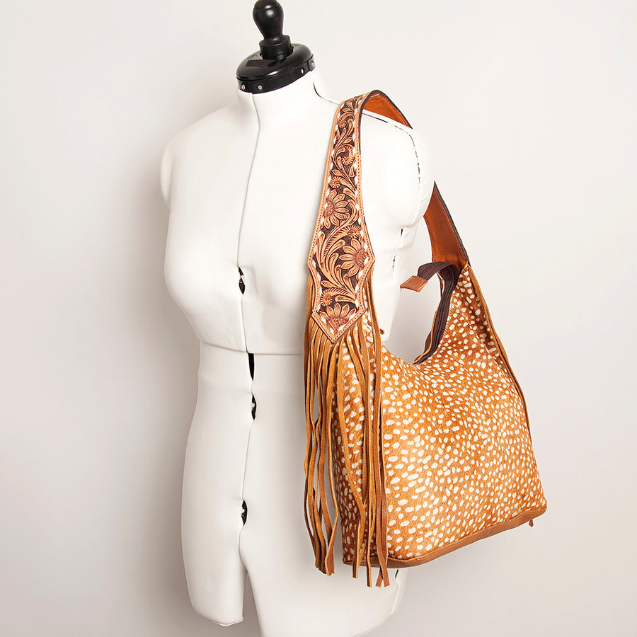 American Darling Women's Hobo Bag Hair-On Cowhide Hand Tooled Fringes Vegetable-Tanned Genuine Leather YKK Zipper