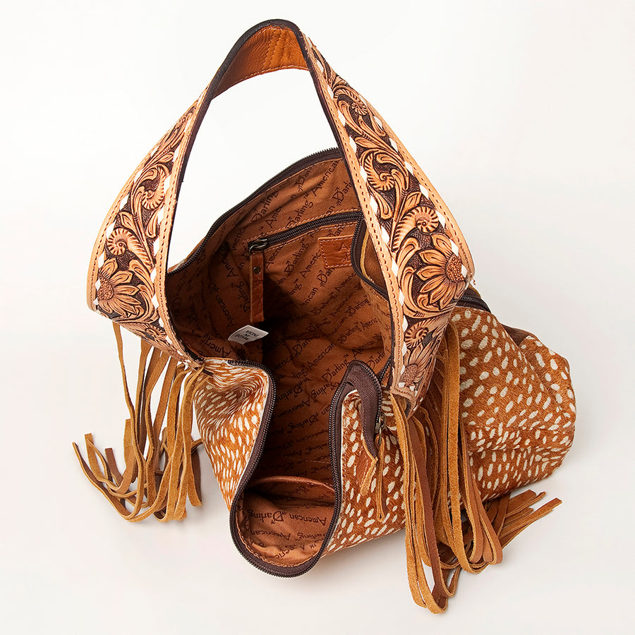 American Darling Women's Hobo Bag Hair-On Cowhide Hand Tooled Fringes Vegetable-Tanned Genuine Leather YKK Zipper