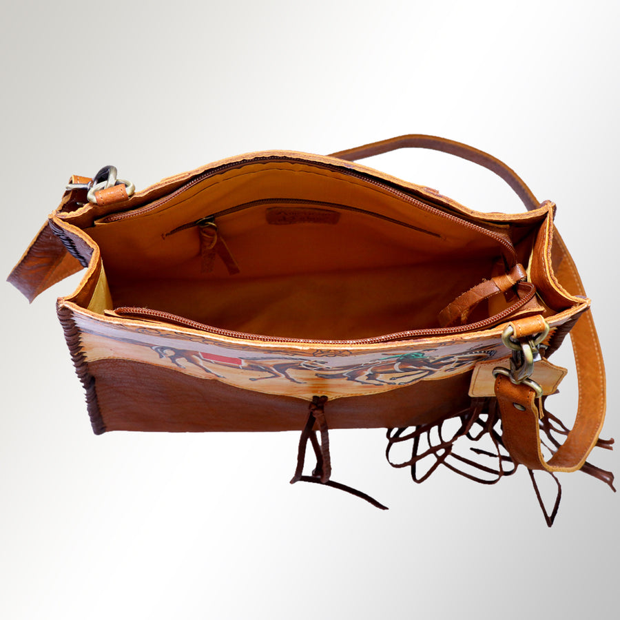American Darling Hand Painted Western Leather Tote Bag, Genuine Full Grain Leather Tote with Fringes and Braided Details