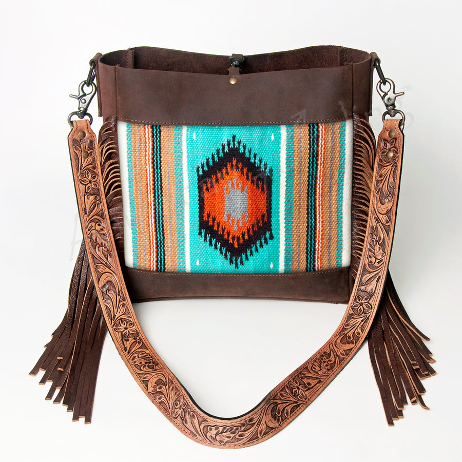 American Darling Messenger Bag Hand Tooled Floral Carved Saddle Blanket Leather Western Bag with Fringes & YKK Zipper