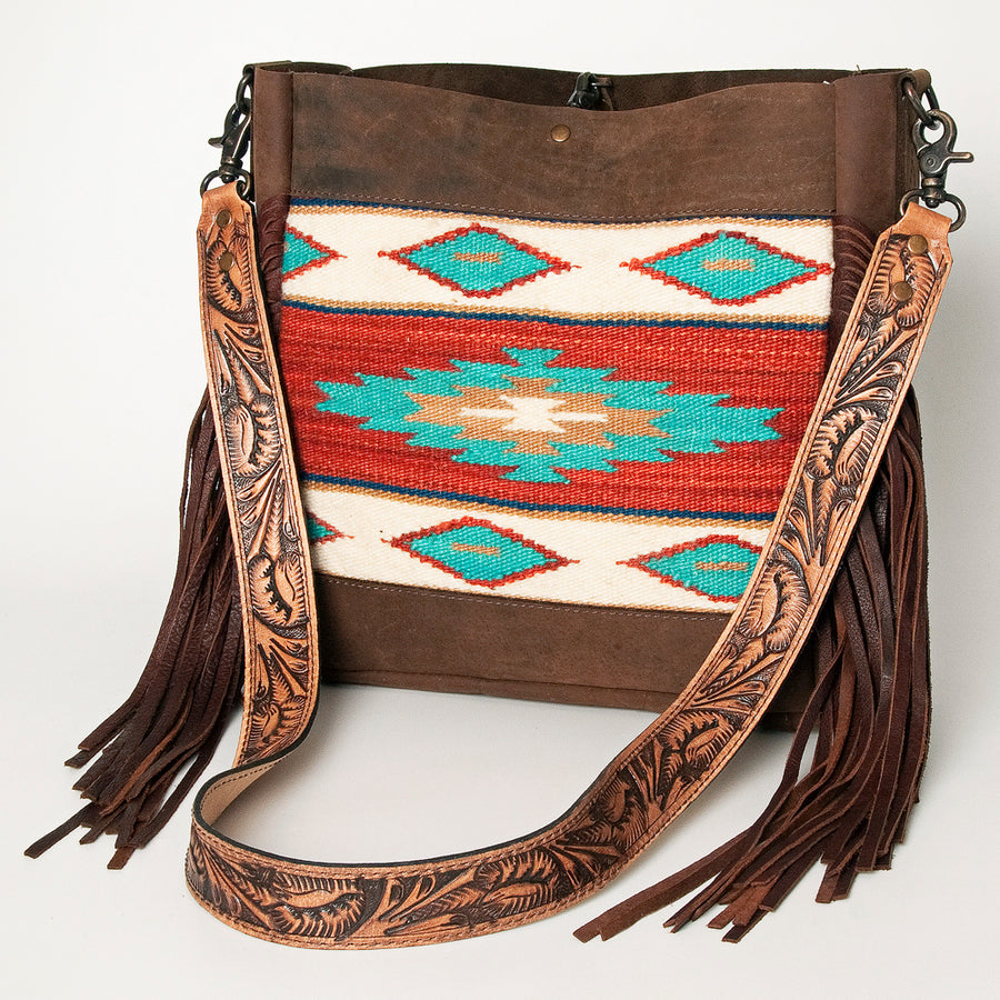 American Darling Messenger Bag Hand Tooled Floral Carved Saddle Blanket Leather Western Bag with Fringes & YKK Zipper