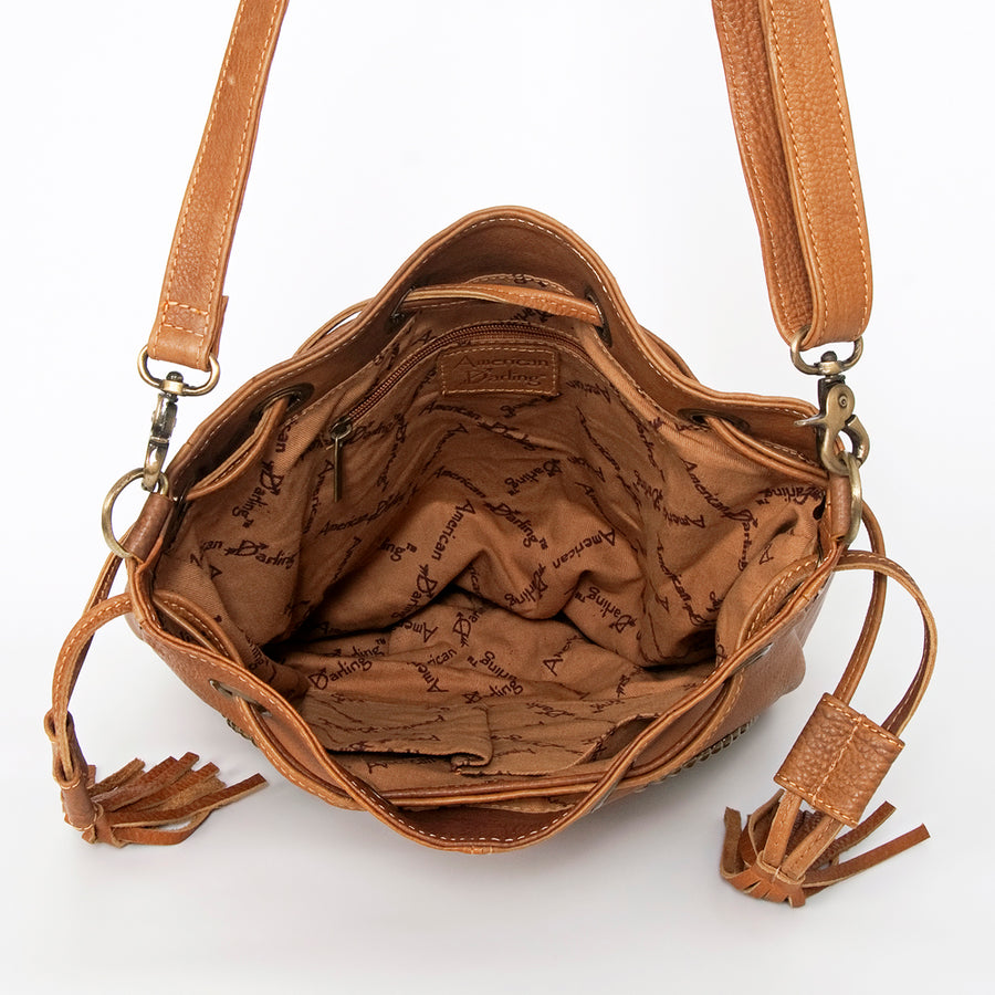 American Darling Bucket Bag Hand Tooled Floral Leather & Hair-On Cowhide Western Crossbody Purse 14in x 12in
