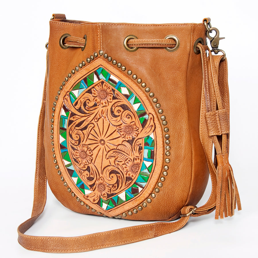 American Darling Hand Tooled Floral Bucket Bag - Hair-On Cowhide Western Leather Purse - Uhorse