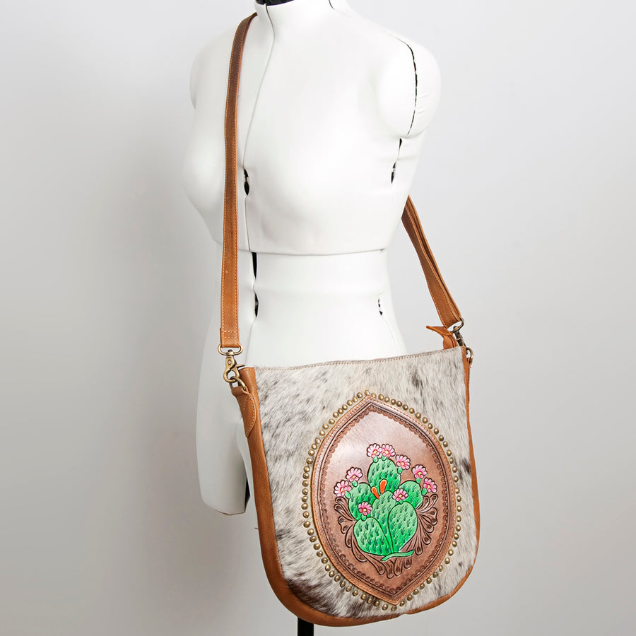American Darling Large Cross body Bag Hand Tooled Floral Cactus Leather & Hair-On Cowhide Western Purse 14in x 12in