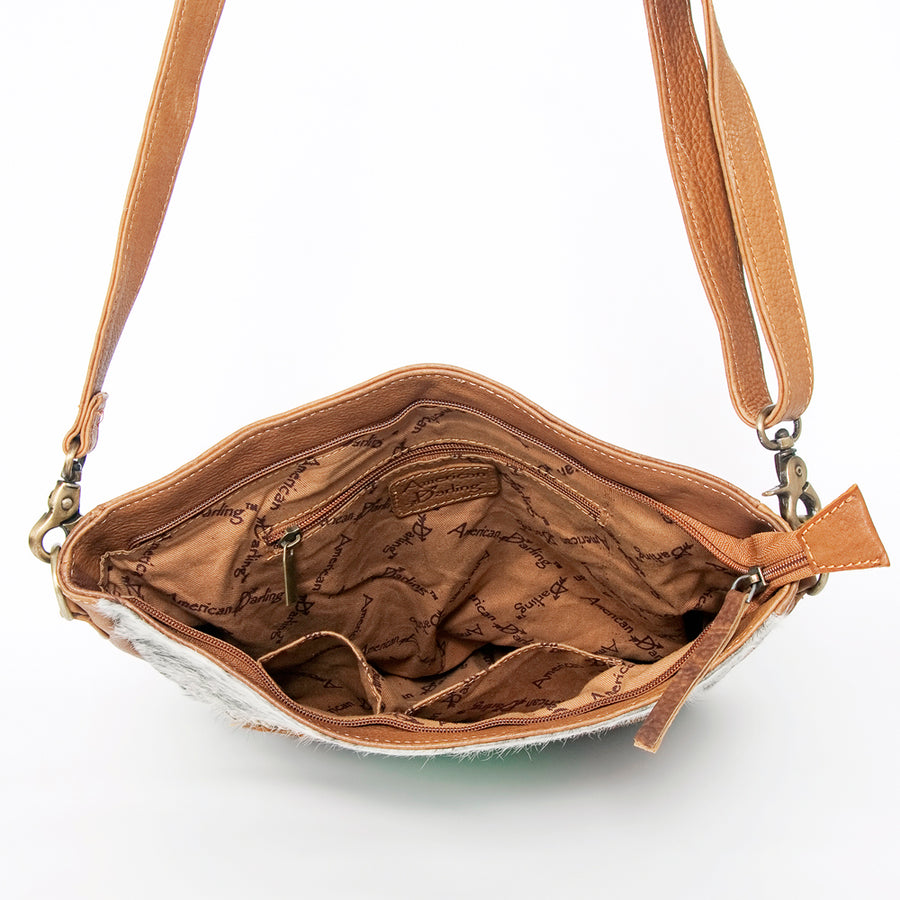 American Darling Large Cross body Bag Hand Tooled Floral Cactus Leather & Hair-On Cowhide Western Purse 14in x 12in