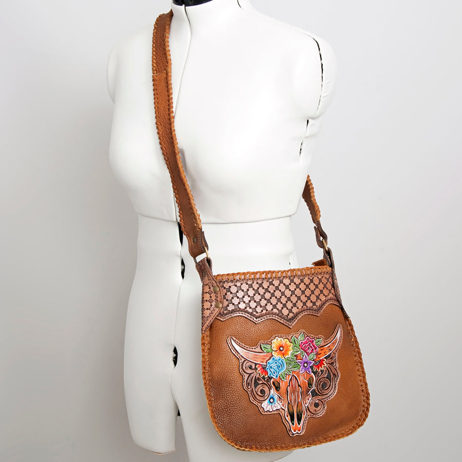 American Darling Large Cross body Bag Hand Tooled Longhorn Floral Hair-On Cowhide Western Leather Purse 11in x 11.5in