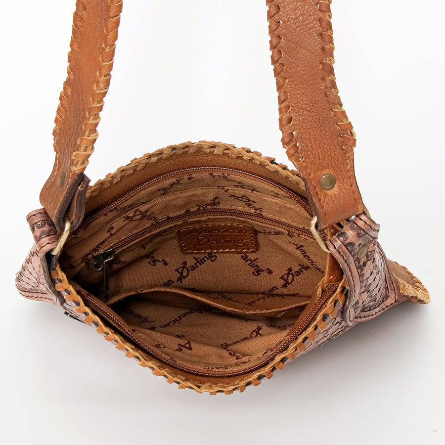 American Darling Large Cross body Bag Hand Tooled Longhorn Floral Hair-On Cowhide Western Leather Purse 11in x 11.5in