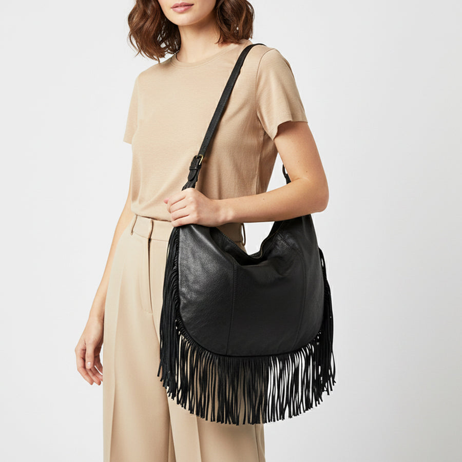 Spaghetti Western Swc127Blk Hobo Vintage Handmade Drum Dyed Genuine European Cowhide Leather Women Bag Western Handbag Purse