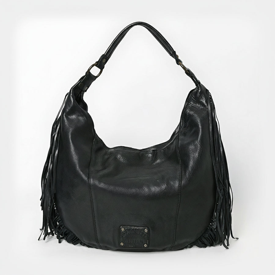 Spaghetti Western Swc127Blk Hobo Vintage Handmade Drum Dyed Genuine European Cowhide Leather Women Bag Western Handbag Purse