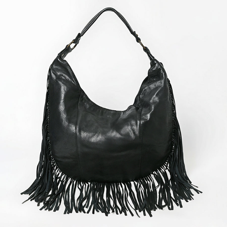 Spaghetti Western Swc127Blk Hobo Vintage Handmade Drum Dyed Genuine European Cowhide Leather Women Bag Western Handbag Purse