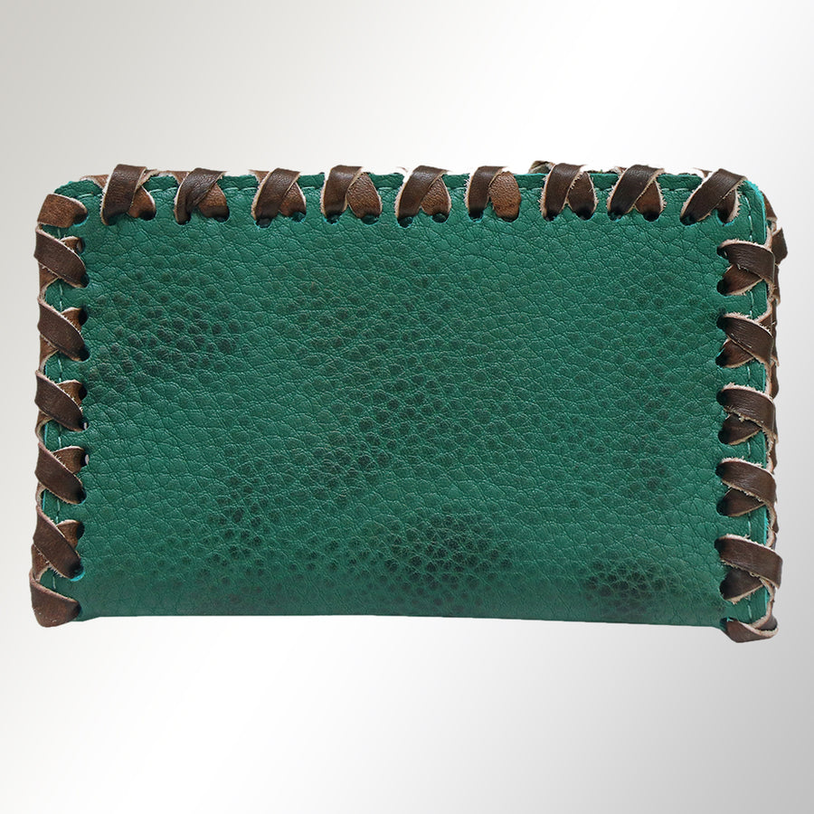 Green leather clutch with brown whipstitched edges - Uhorse