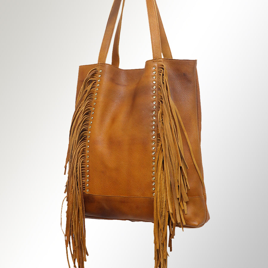 American Darling Tote Bag - Genuine Vegetable-Tanned Leather Western Purse with Fringes and YKK Zipper - 17x17in