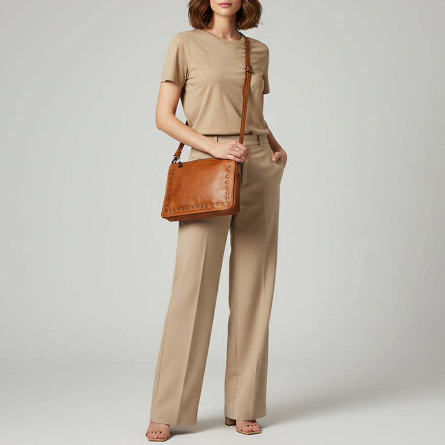 Spaghetti Western Swc197Tan Organiser Vintage Handmade Drum Dyed Genuine European Cowhide Leather Women Bag Western Handbag Purse