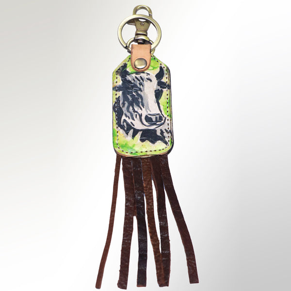 Leather keychain with cow head design and fringe tassel - Uhorse