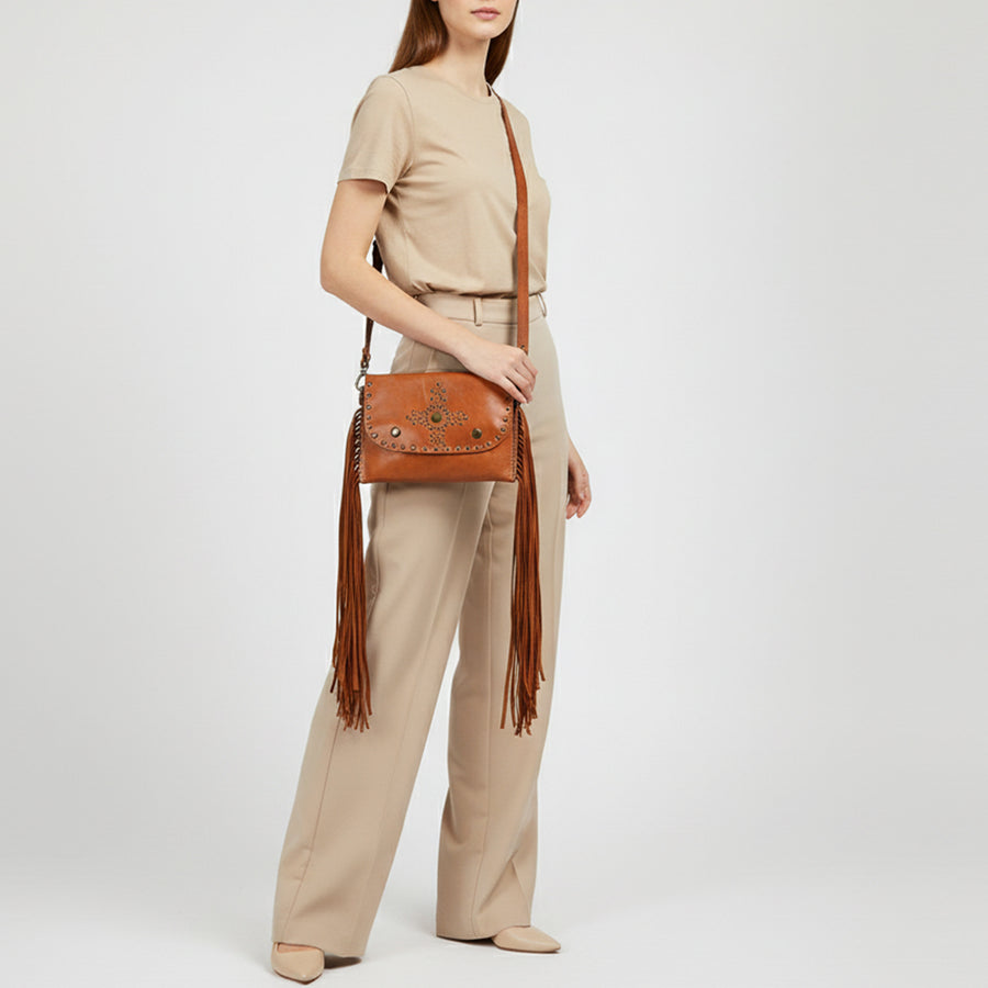 Spaghetti Western Swc147Tan Envelope Vintage Handmade Drum Dyed Genuine European Cowhide Leather Women Bag Western Handbag Purse
