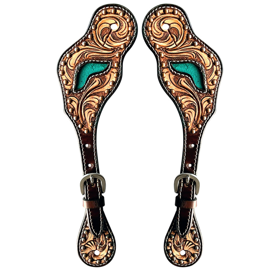 Leather spur straps with tooled copper and turquoise inlay - Uhorse