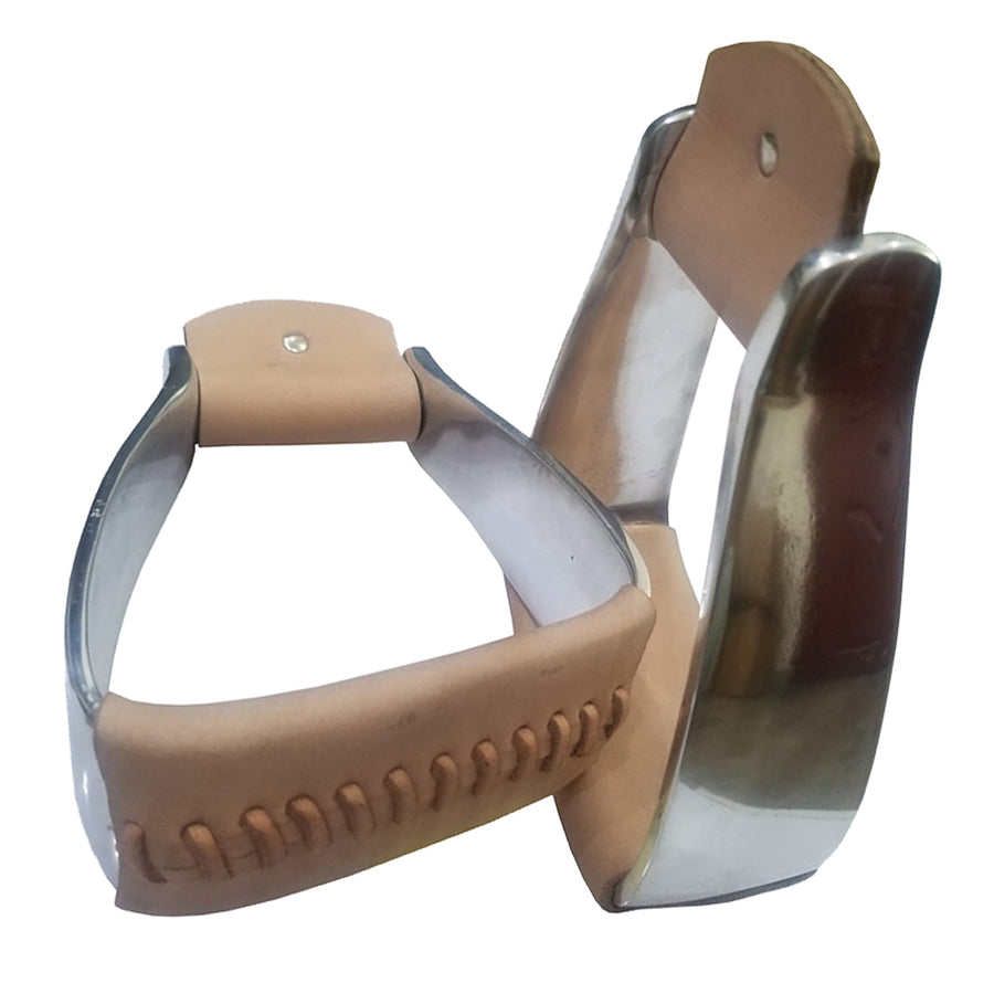 Tan leather western stirrups with metal sides and tooled detail - Uhorse