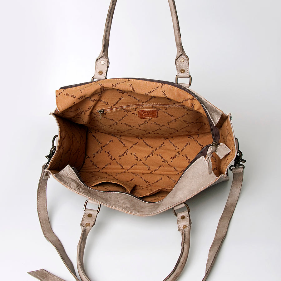 American Darling Tote Bag - Western Leather Hand Tooled Floral Carved Purse with Braided Detailing & Secure YKK Zipper