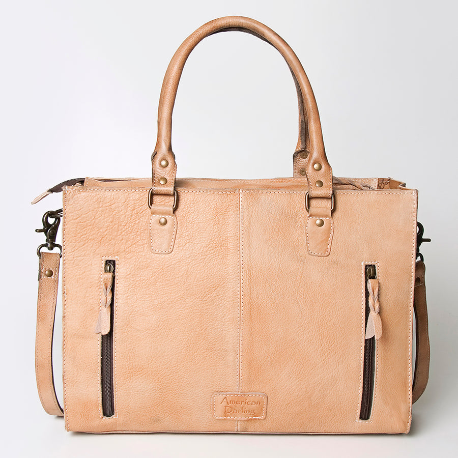 American Darling Tote Bag - Western Leather Hand Tooled Floral Carved Purse with Braided Detailing & Secure YKK Zipper