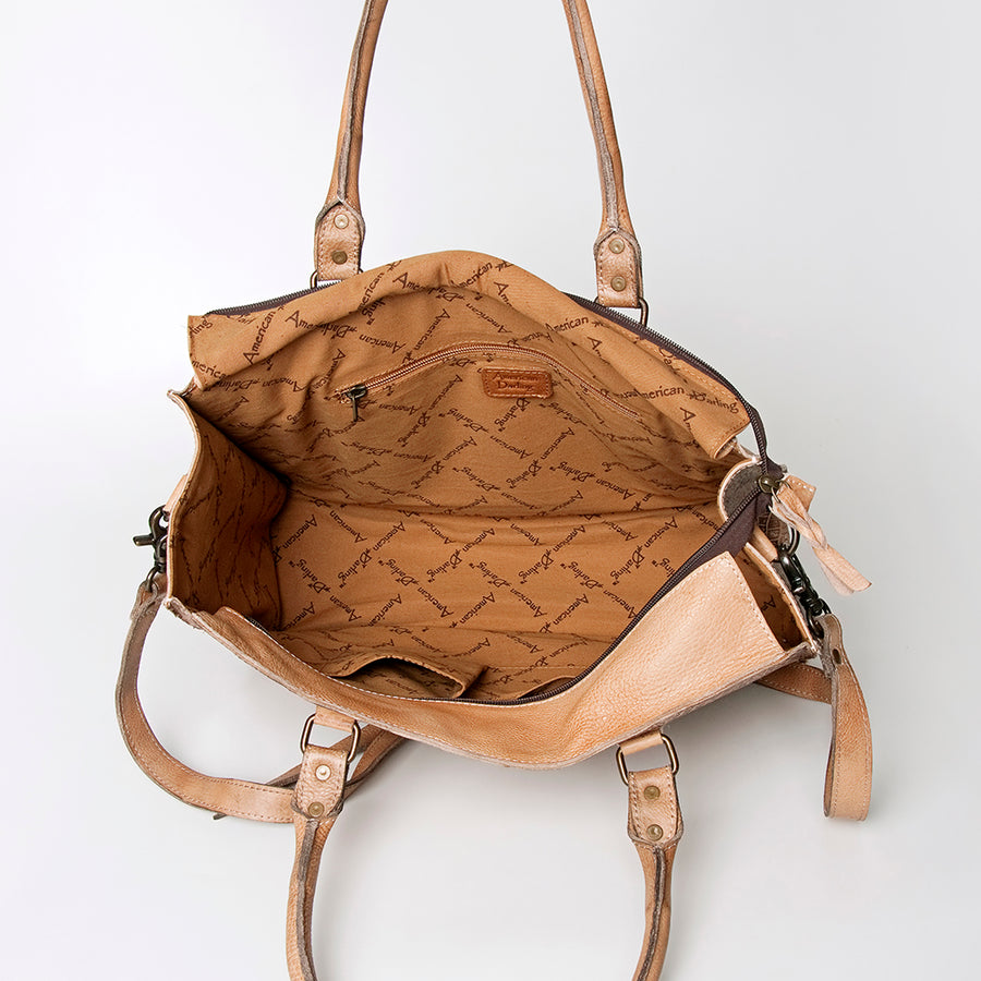 American Darling Tote Bag - Western Leather Hand Tooled Floral Carved Purse with Braided Detailing & Secure YKK Zipper