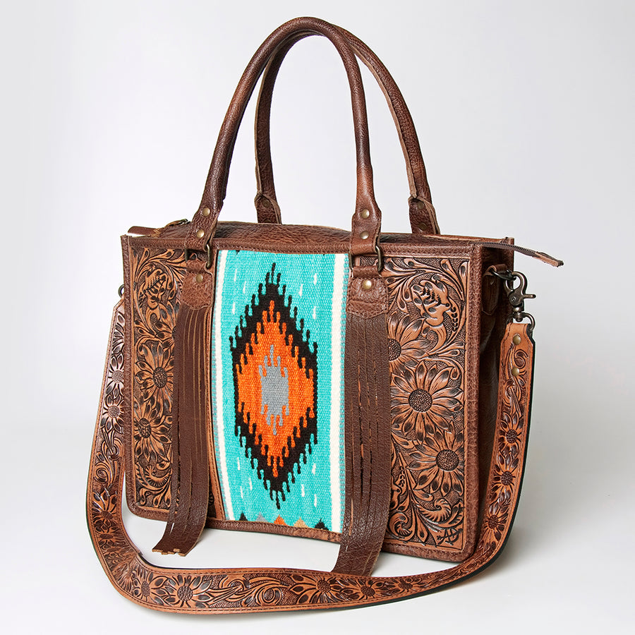 American Darling Western Leather Tote Bag - Hand Tooled Floral and Woven Saddle Blanket - Uhorse