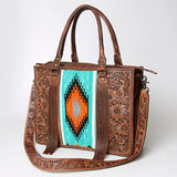 American Darling Western Leather Tote Bag - Hand Tooled Floral and Woven Saddle Blanket - Uhorse
