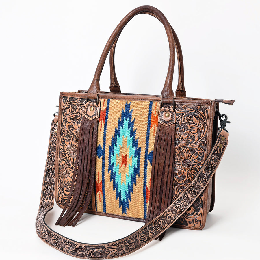 American Darling Western Leather Tote Bag - Hand Tooled Floral and Woven Saddle Blanket - Uhorse