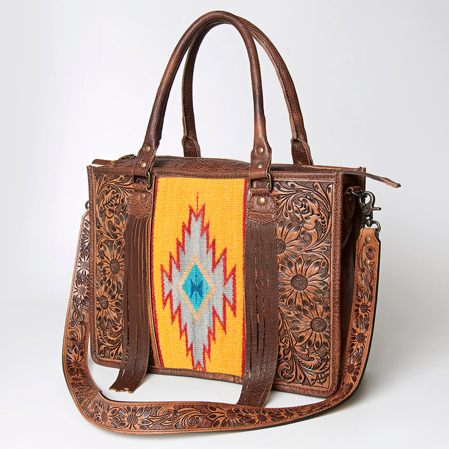 American Darling Western Leather Tote Bag - Hand Tooled Floral and Woven Saddle Blanket - Uhorse