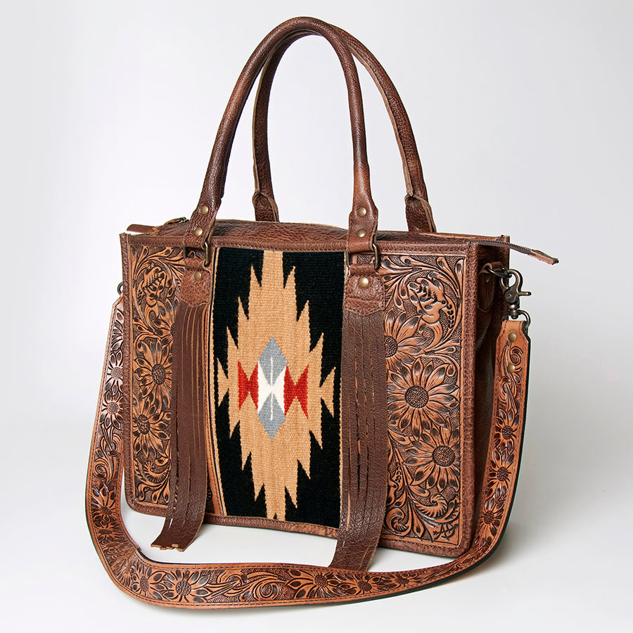 American Darling Western Leather Tote Bag - Hand Tooled Floral and Woven Saddle Blanket - Uhorse