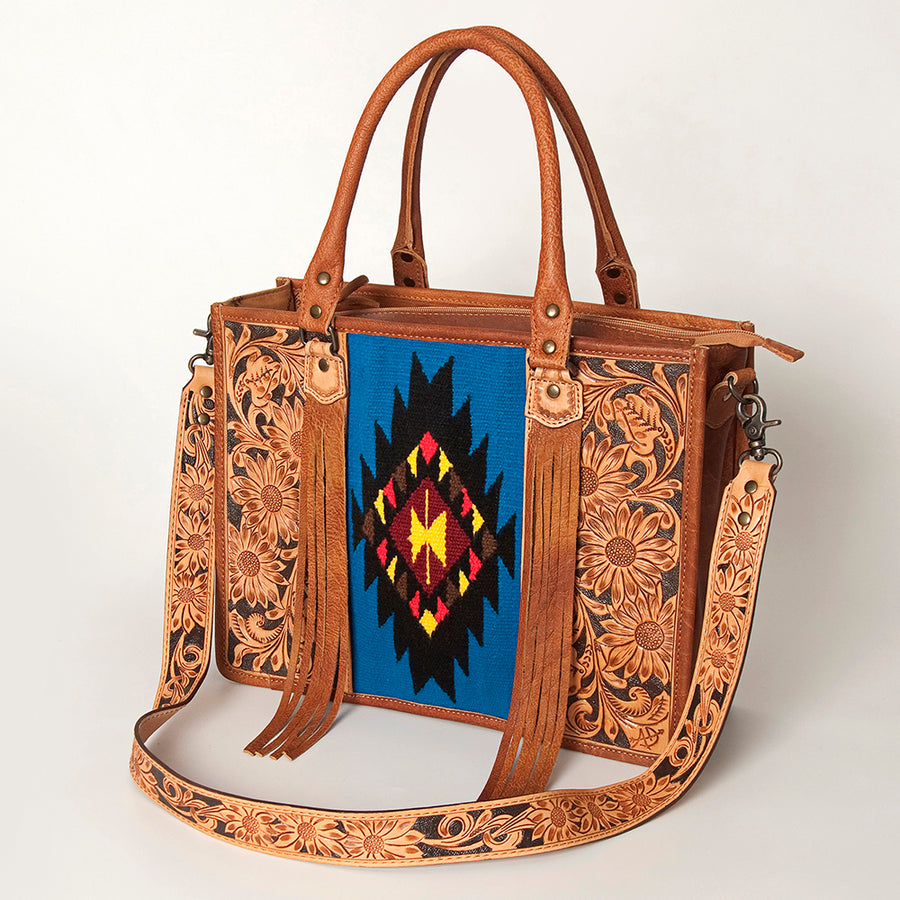 American Darling Western Leather Tote Bag - Hand Tooled Floral and Woven Saddle Blanket - Uhorse