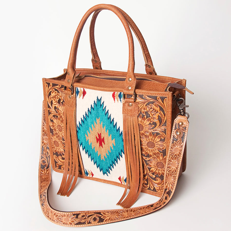 American Darling Western Leather Tote Bag - Hand Tooled Floral and Woven Saddle Blanket - Uhorse