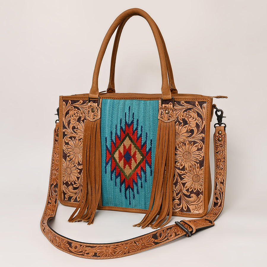 American Darling Hand Tooled Floral Western Leather Woven Saddle Blanket Tote Bag - Uhorse