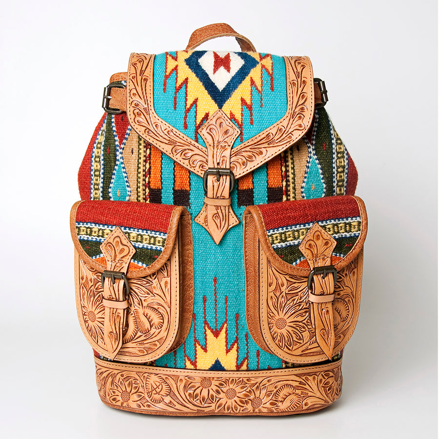 American Darling Backpack Bag Western Hand Tooled Floral Genuine Leather with Hair-On Cowhide & YKK Zipper for Women