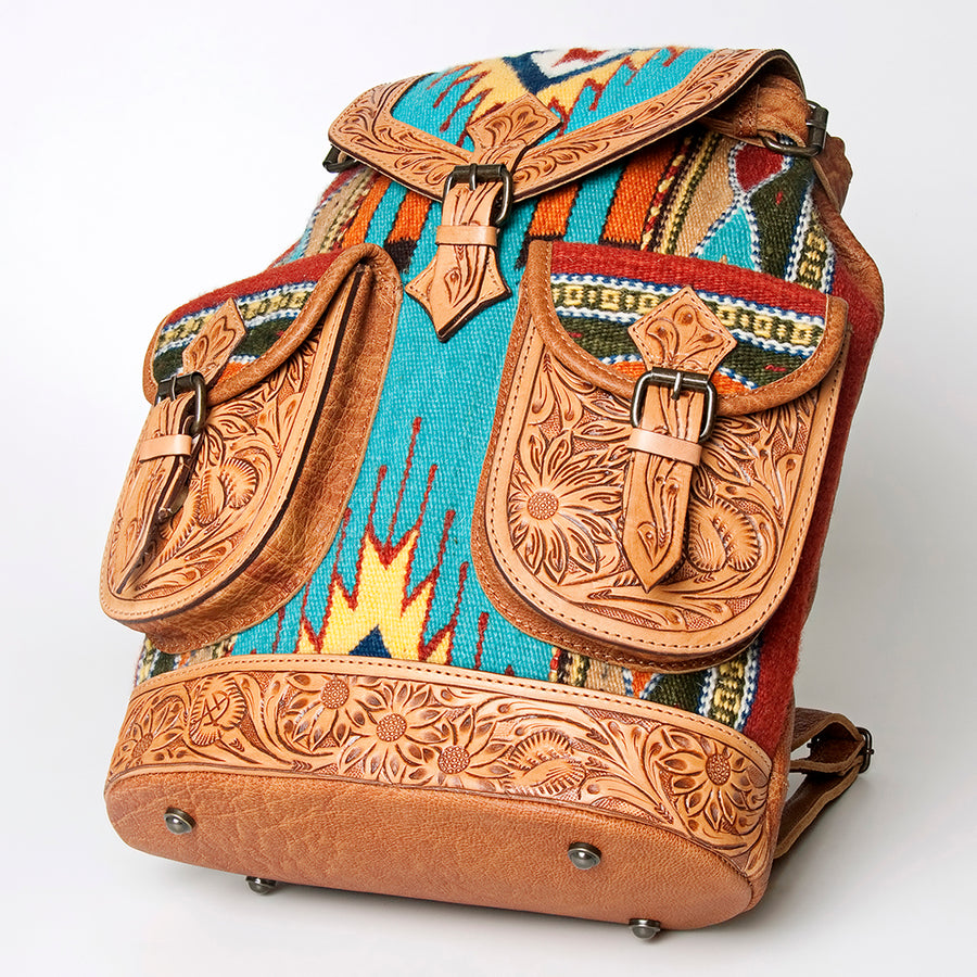 American Darling Backpack Bag Western Hand Tooled Floral Genuine Leather with Hair-On Cowhide & YKK Zipper for Women